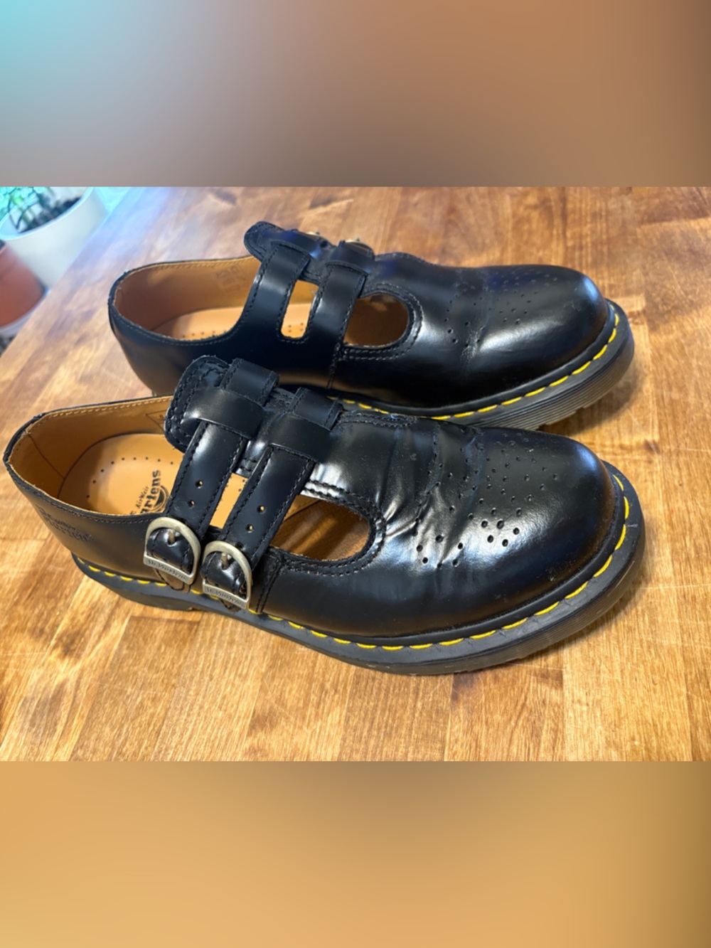 Dr. Martens Black Mary Jane Shoes with Yellow Stitching